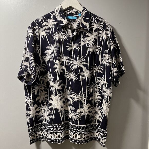 Tori Richards Mens Large Aloha Shirt Palm Trees Navy Blue - Very Excellent Shirt - Picture 1 of 8